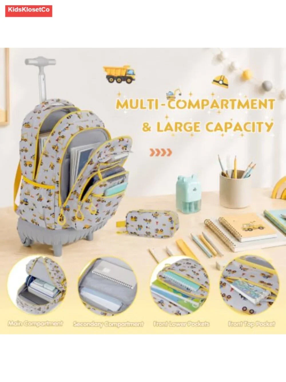 Rolling Backpack for Kids with Lunch Bag & Pencil Pouch, Wheeled School Bag,